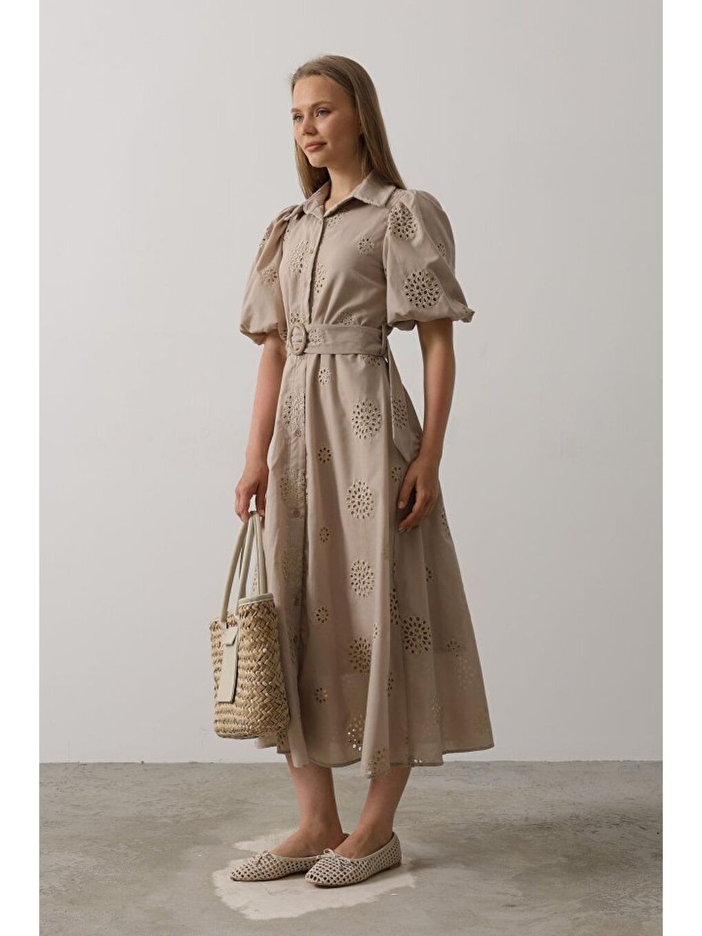 Sarı Balon Kol Kemerli Brode Elbise - Taş-1