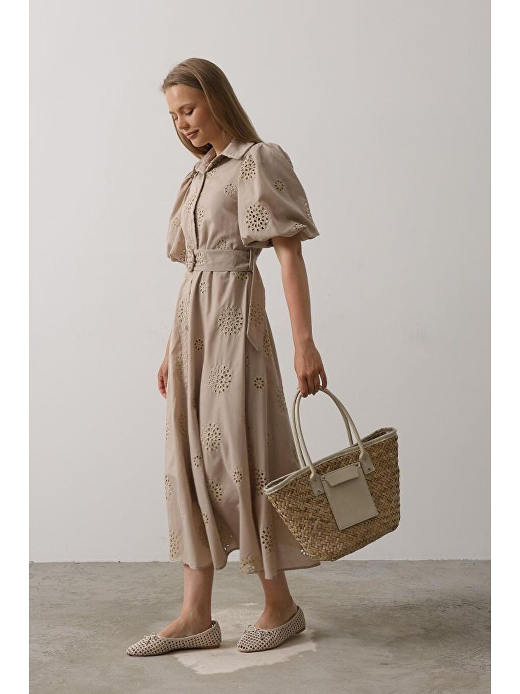 Sarı Balon Kol Kemerli Brode Elbise - Taş-2