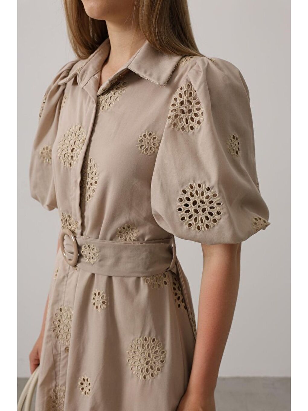 Sarı Balon Kol Kemerli Brode Elbise - Taş-3