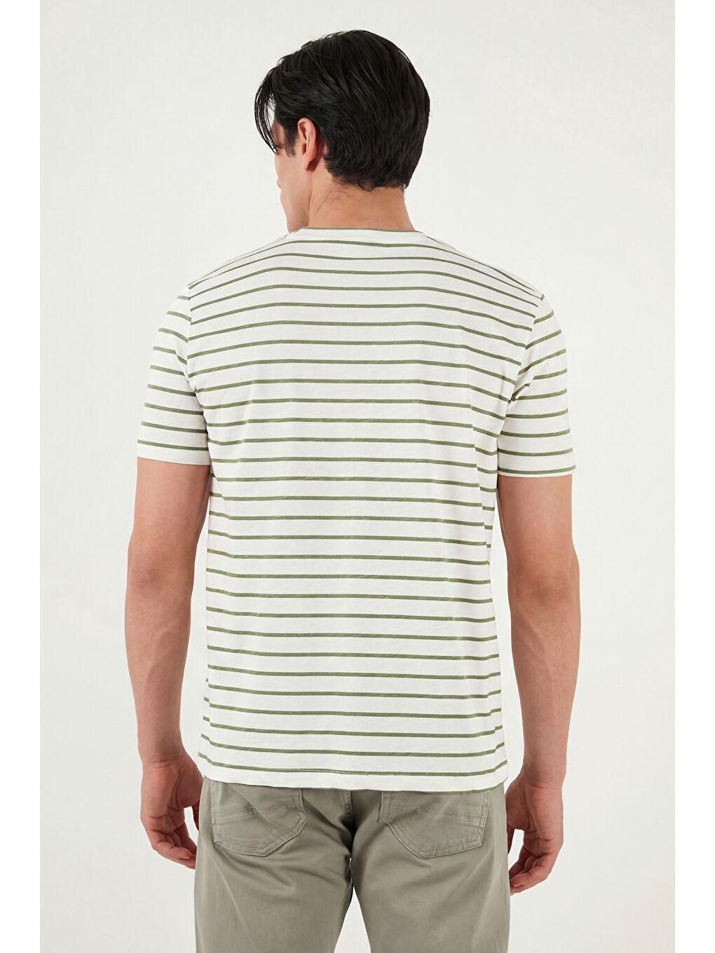 Yeşil Pamuklu Çizgili Cep Detaylı Bisiklet Yaka T Shirt 5904057-5