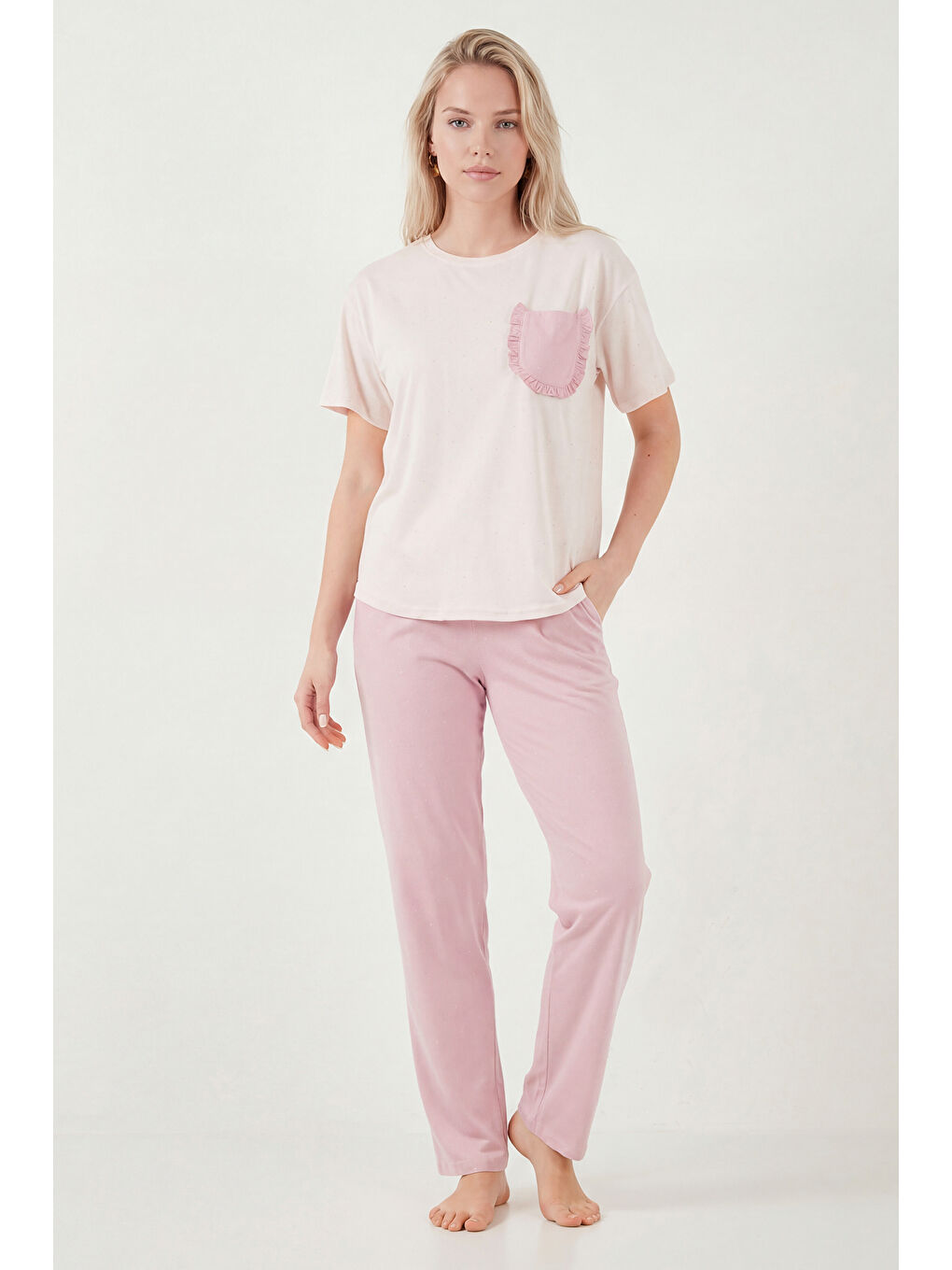 Lila Pamuklu Regular Fit Bisiklet Yaka Cep Detaylı Pijama Takımı 6091325-4