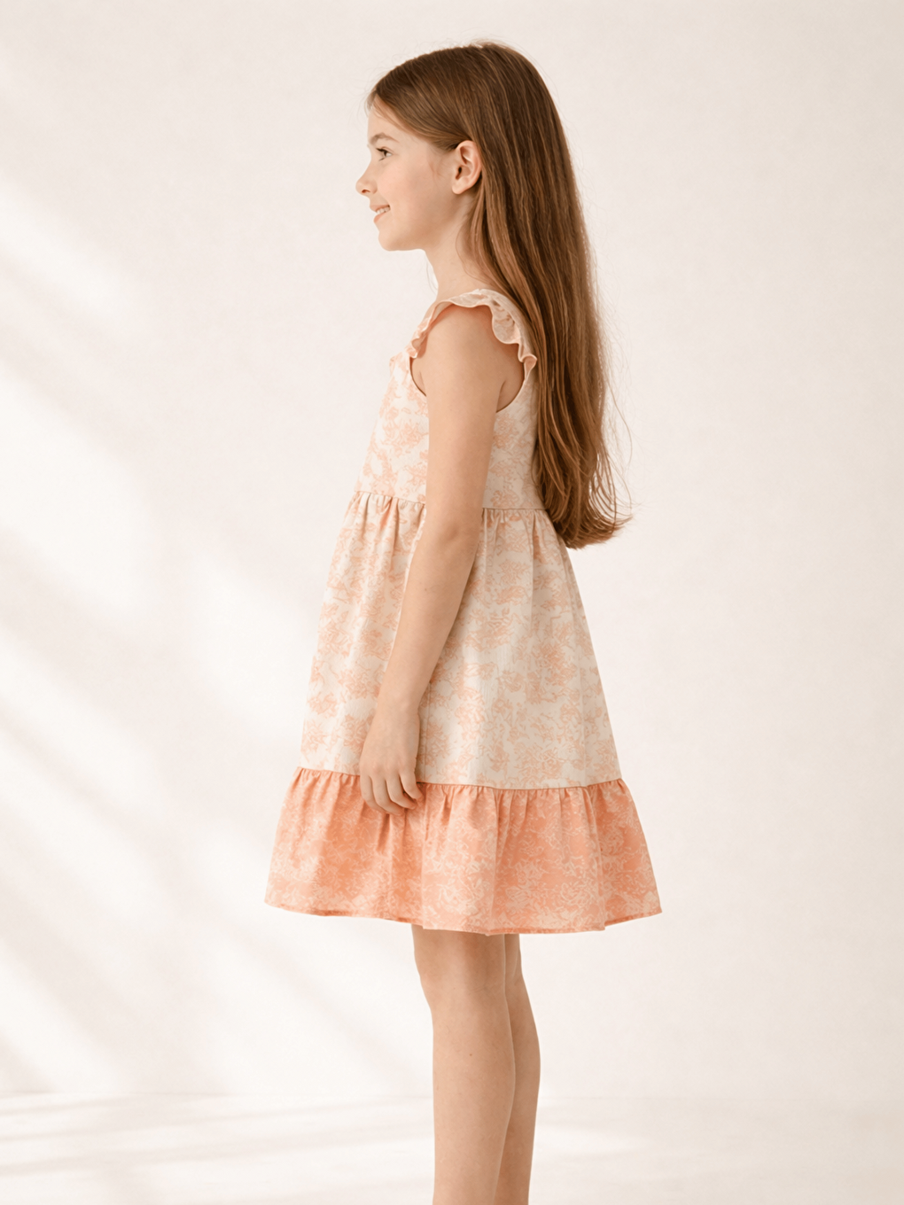 Pembe Kare Yaka Çiçek Desenli Kız Çocuk Elbise-1