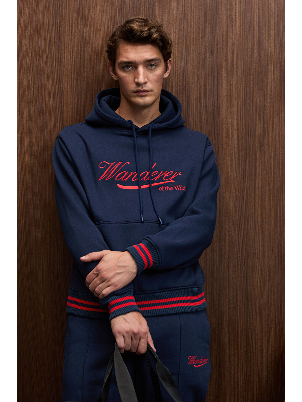 Phantoseas Erkek Kapüşonlu Önü Nakışlı Etek Ve Kol Triko Detaylı Lacivert Sweatshirt-2