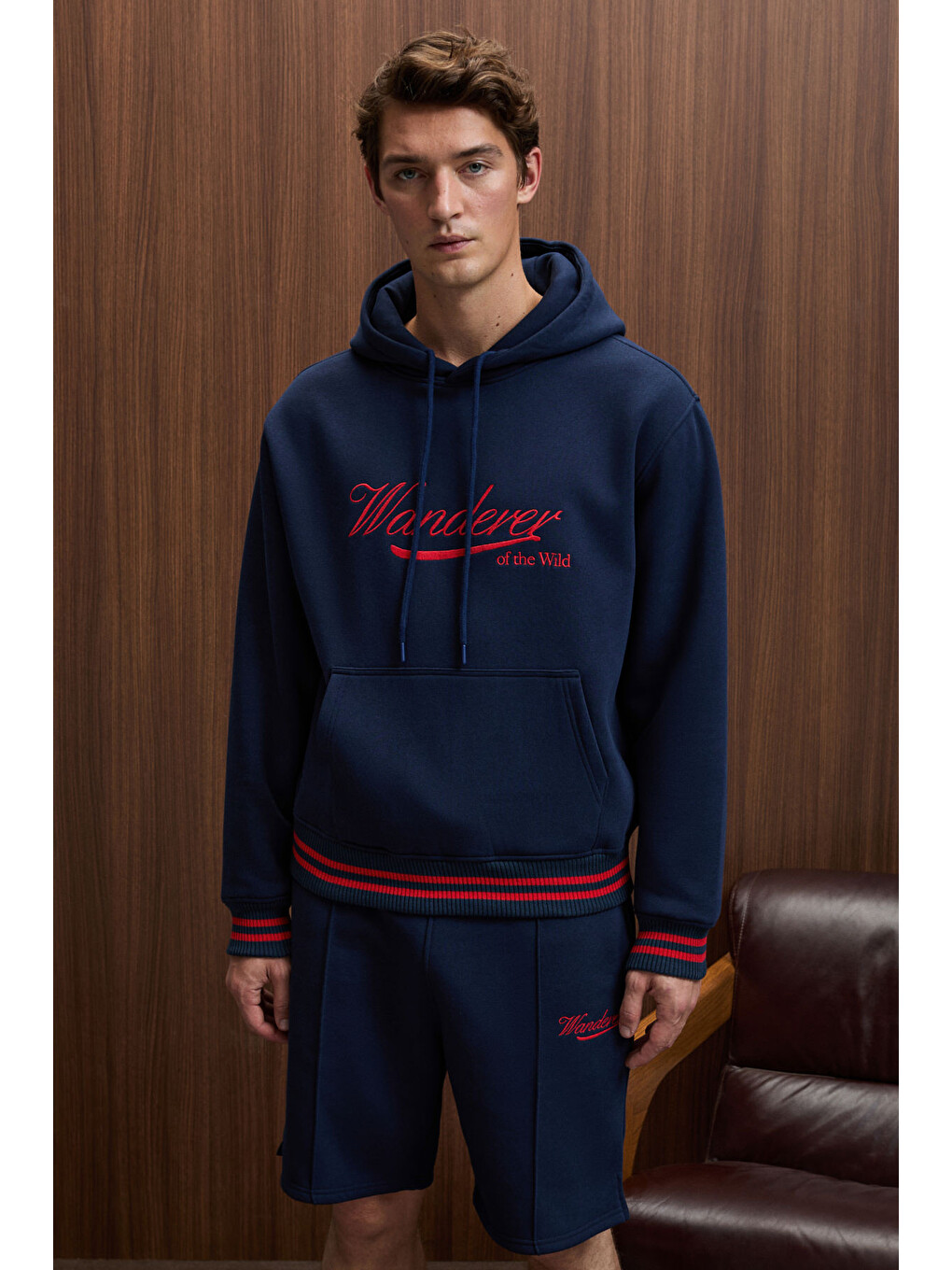 Phantoseas Erkek Kapüşonlu Önü Nakışlı Etek Ve Kol Triko Detaylı Lacivert Sweatshirt-3