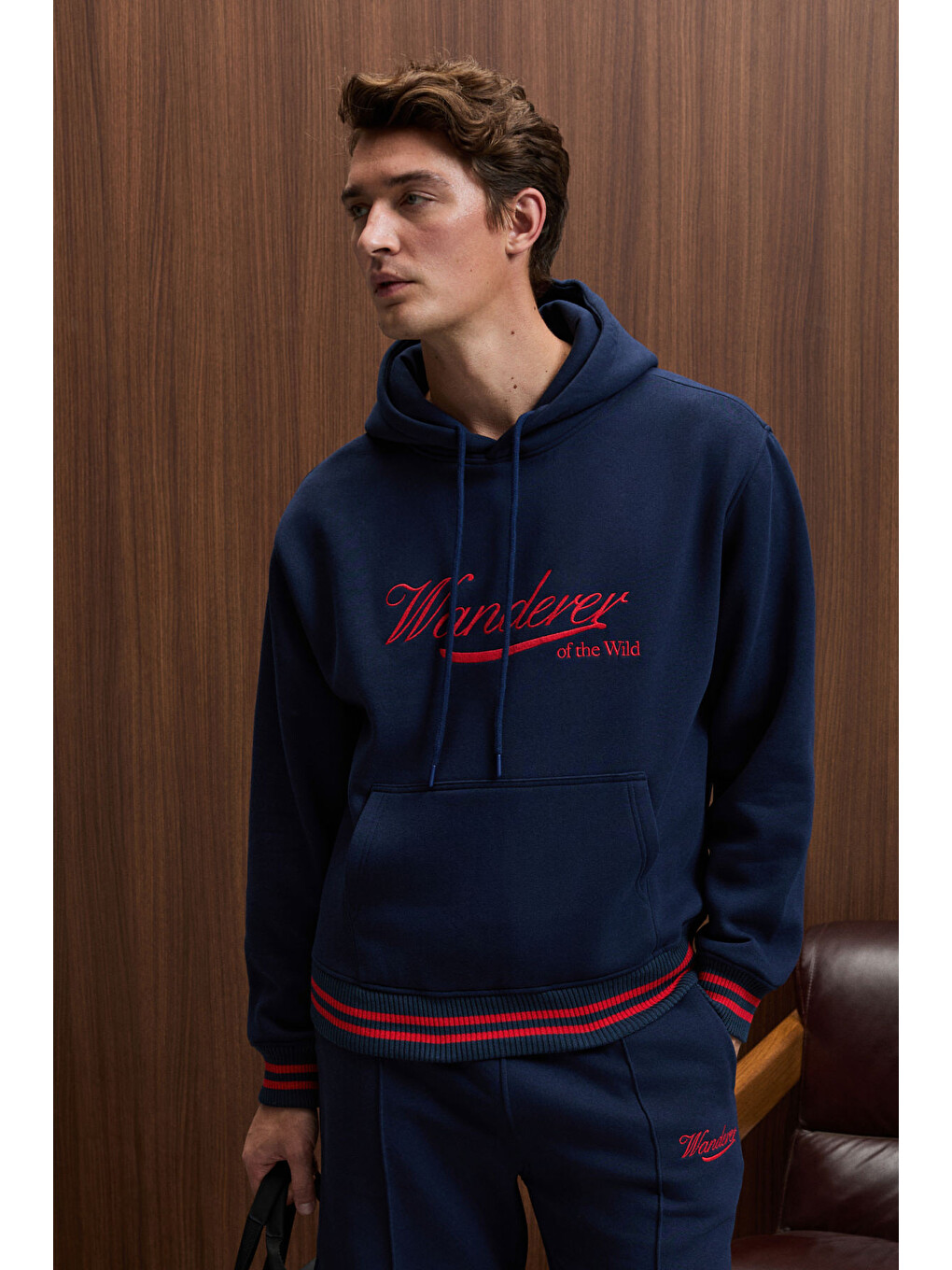 Phantoseas Erkek Kapüşonlu Önü Nakışlı Etek Ve Kol Triko Detaylı Lacivert Sweatshirt-4