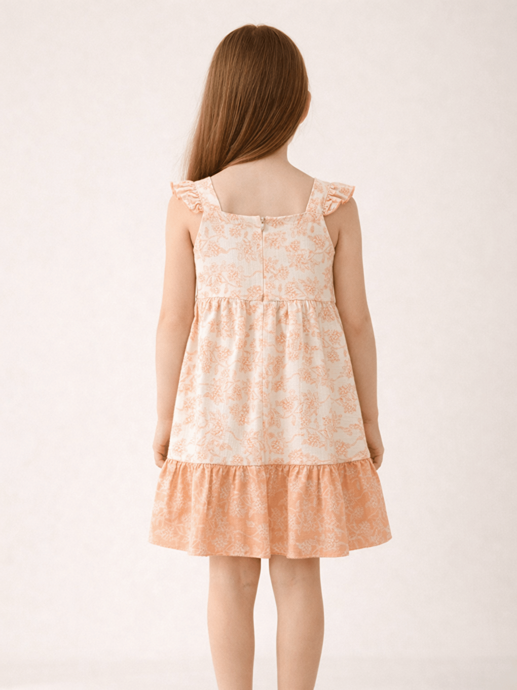 Pembe Kare Yaka Çiçek Desenli Kız Çocuk Elbise-3