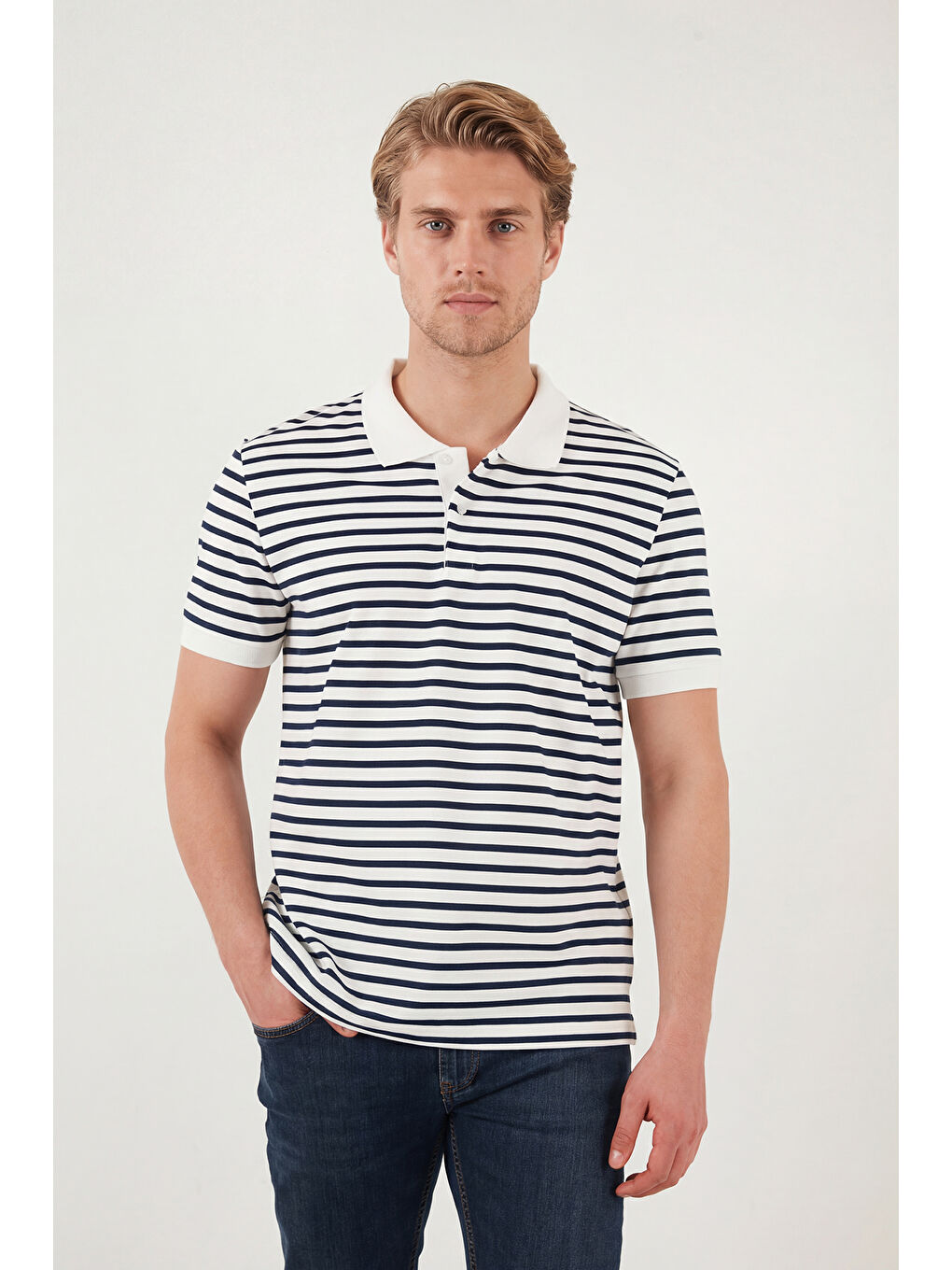 İndigo Pamuklu Çizgili Kısa Kollu Düğmeli Polo T Shirt 5904046-1