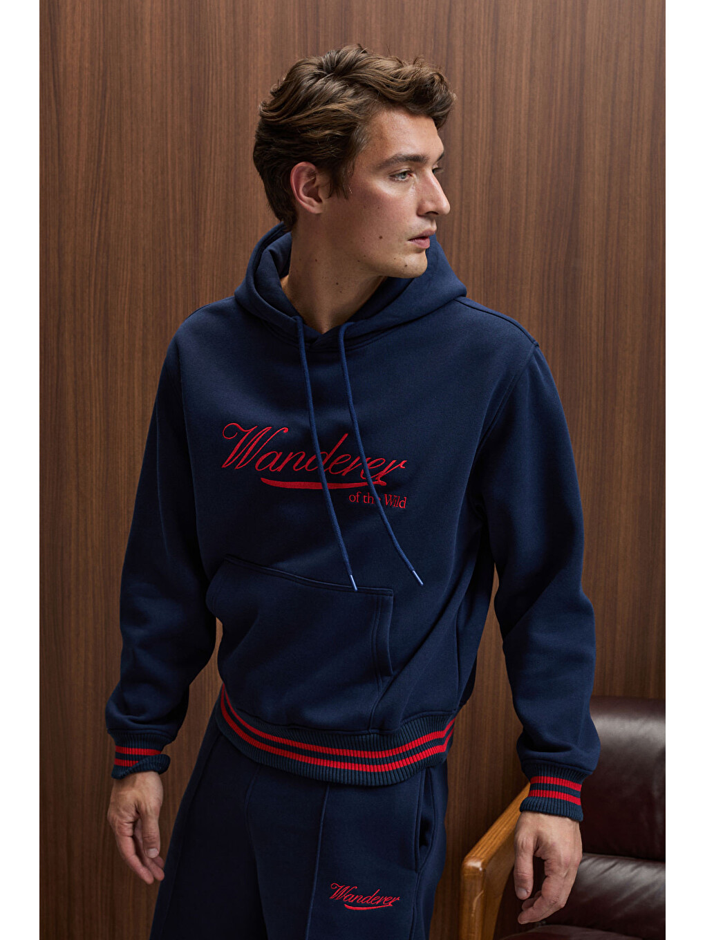 Phantoseas Erkek Kapüşonlu Önü Nakışlı Etek Ve Kol Triko Detaylı Lacivert Sweatshirt-5