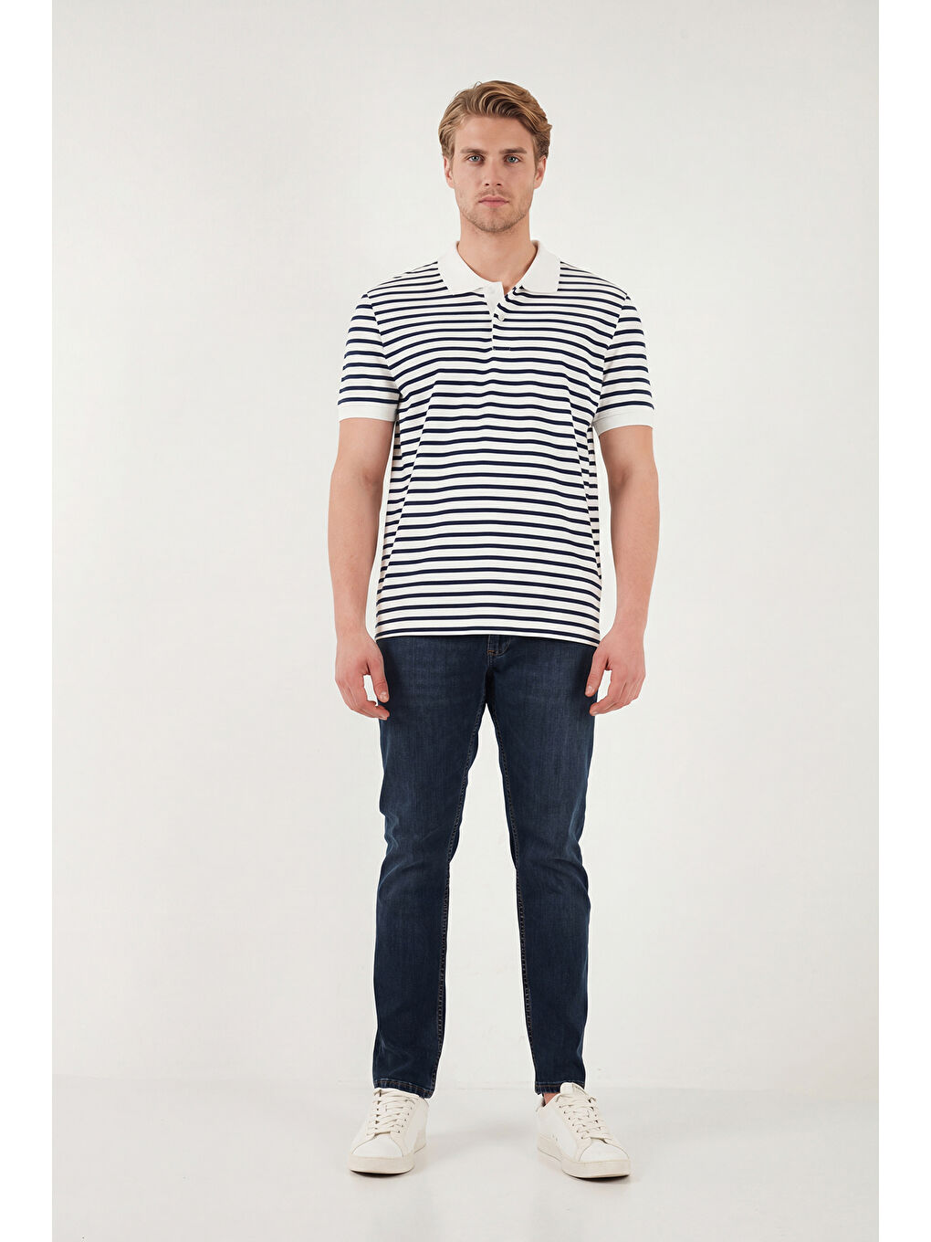 İndigo Pamuklu Çizgili Kısa Kollu Düğmeli Polo T Shirt 5904046-2