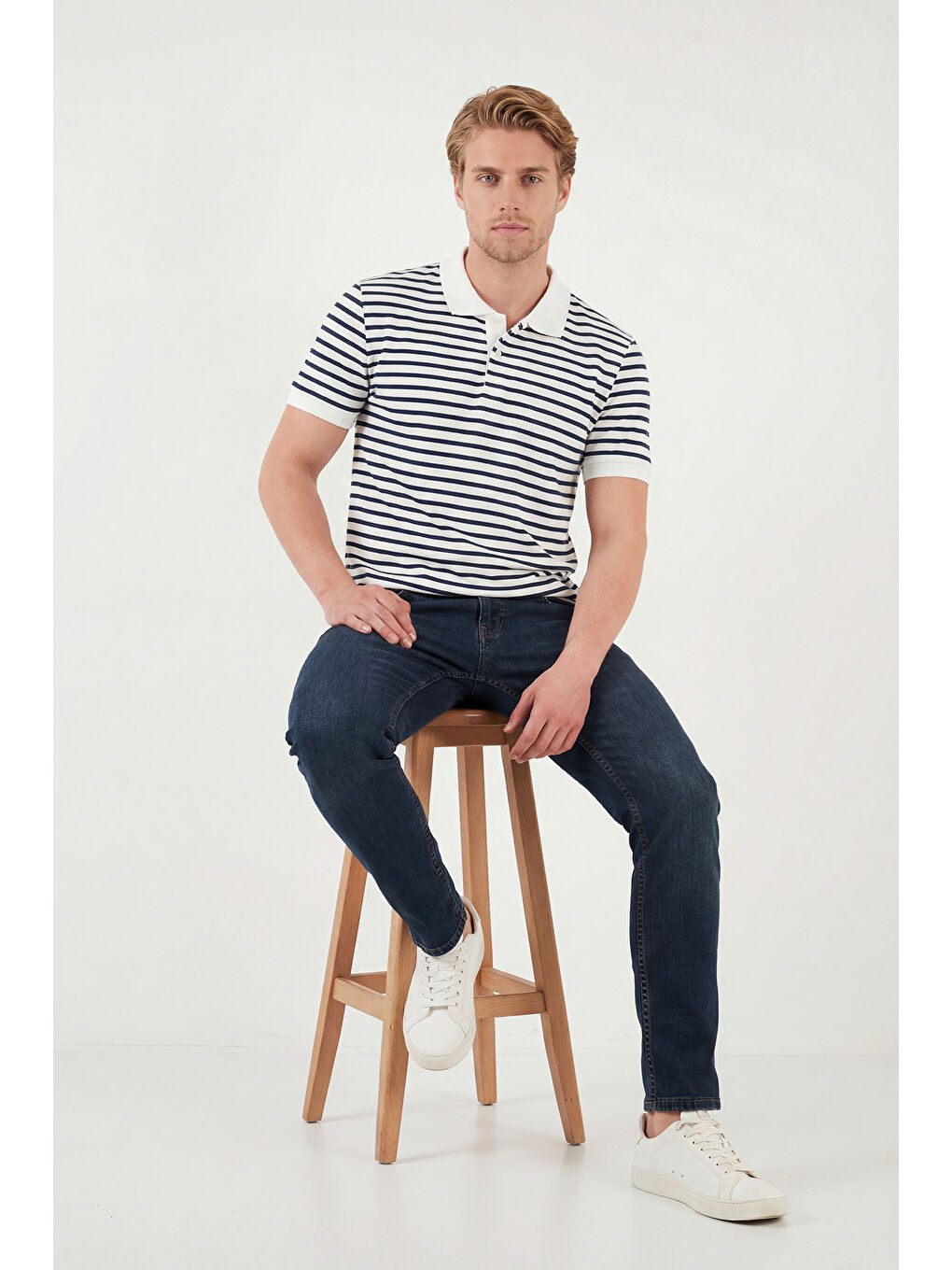 İndigo Pamuklu Çizgili Kısa Kollu Düğmeli Polo T Shirt 5904046-3