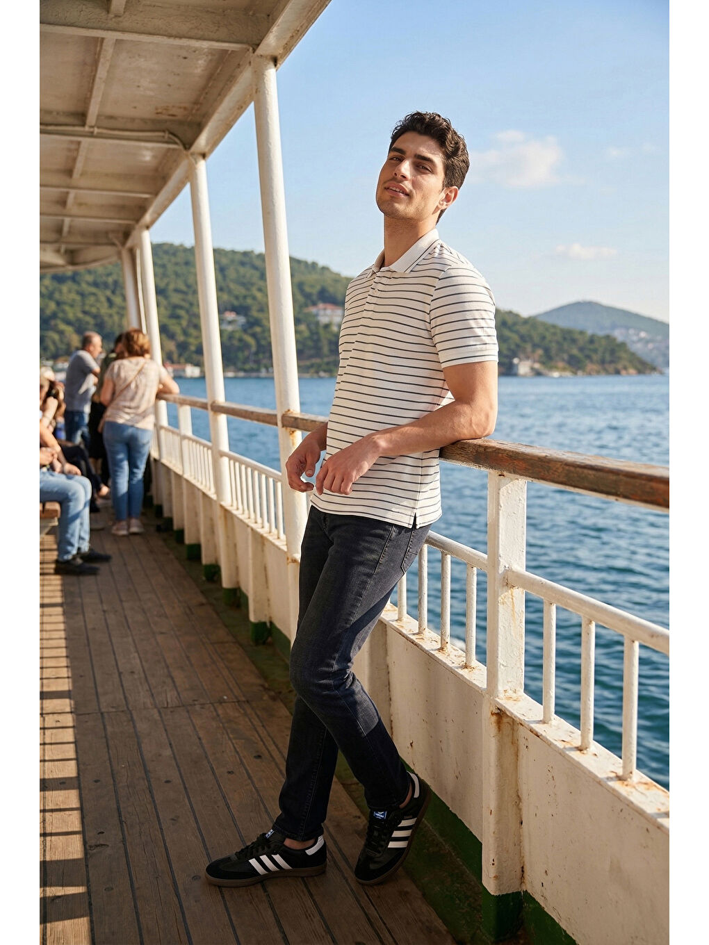 Haki Çizgili Kısa Kollu Düğmeli Polo T Shirt 5904026