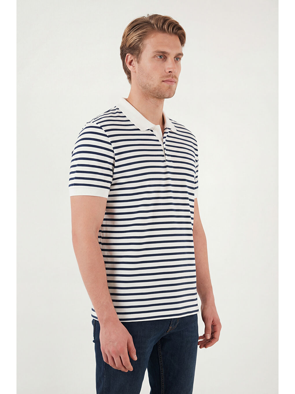 İndigo Pamuklu Çizgili Kısa Kollu Düğmeli Polo T Shirt 5904046-4