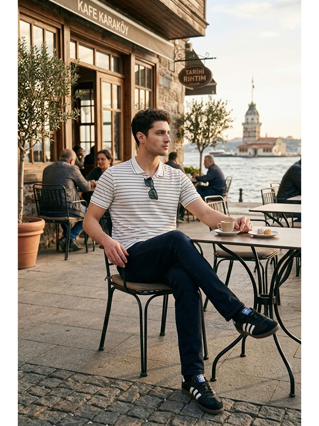 Haki Çizgili Kısa Kollu Düğmeli Polo T Shirt 5904026-1