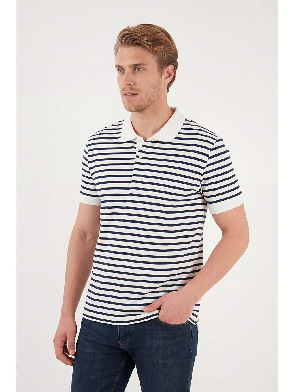 İndigo Pamuklu Çizgili Kısa Kollu Düğmeli Polo T Shirt 5904046-5