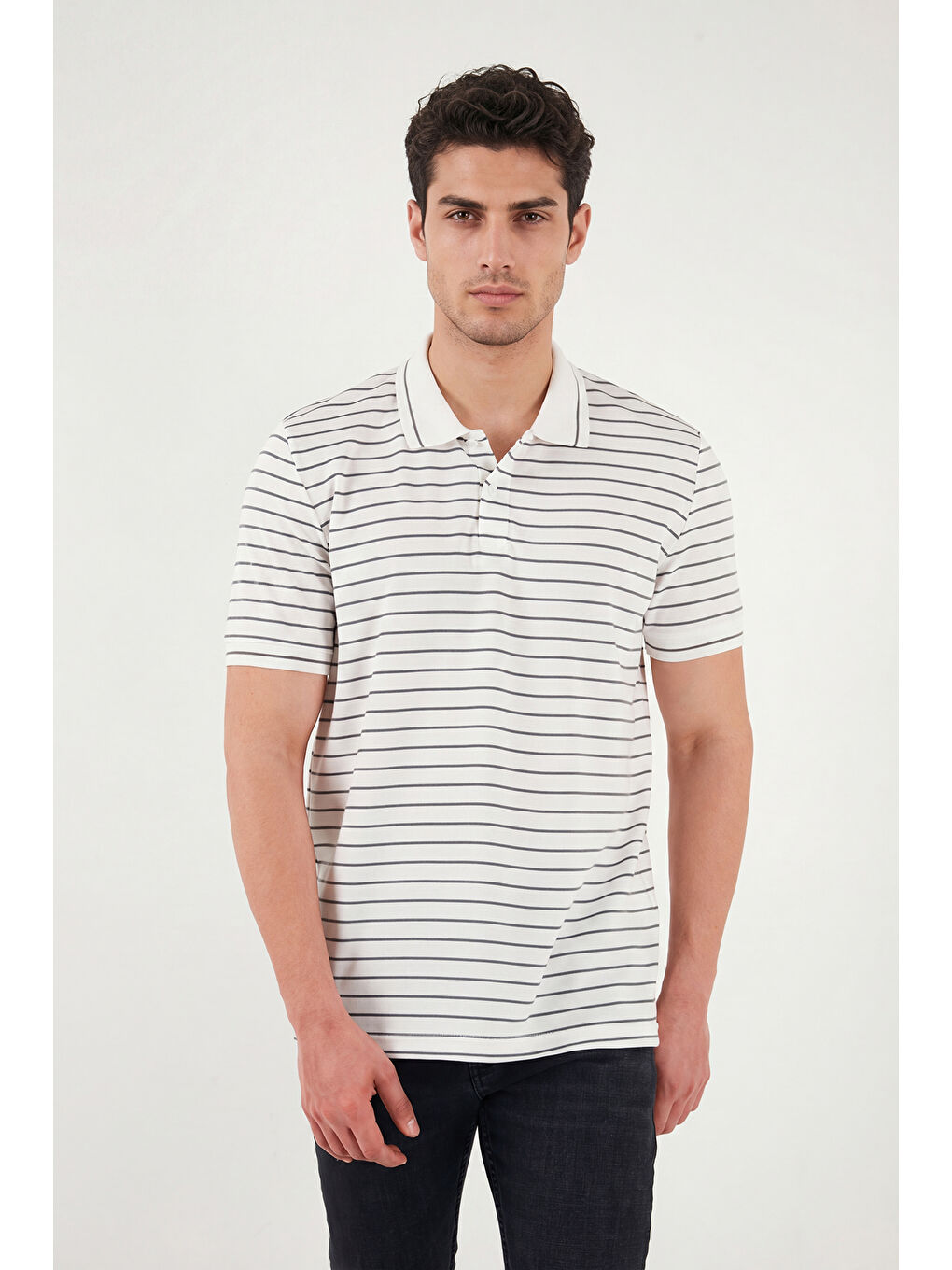 Haki Çizgili Kısa Kollu Düğmeli Polo T Shirt 5904026-2