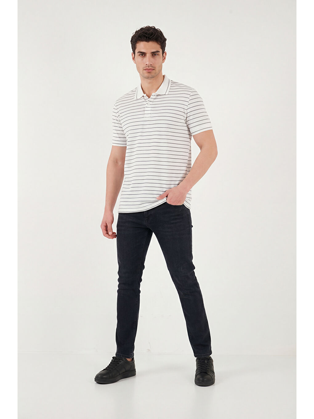 Haki Çizgili Kısa Kollu Düğmeli Polo T Shirt 5904026-3