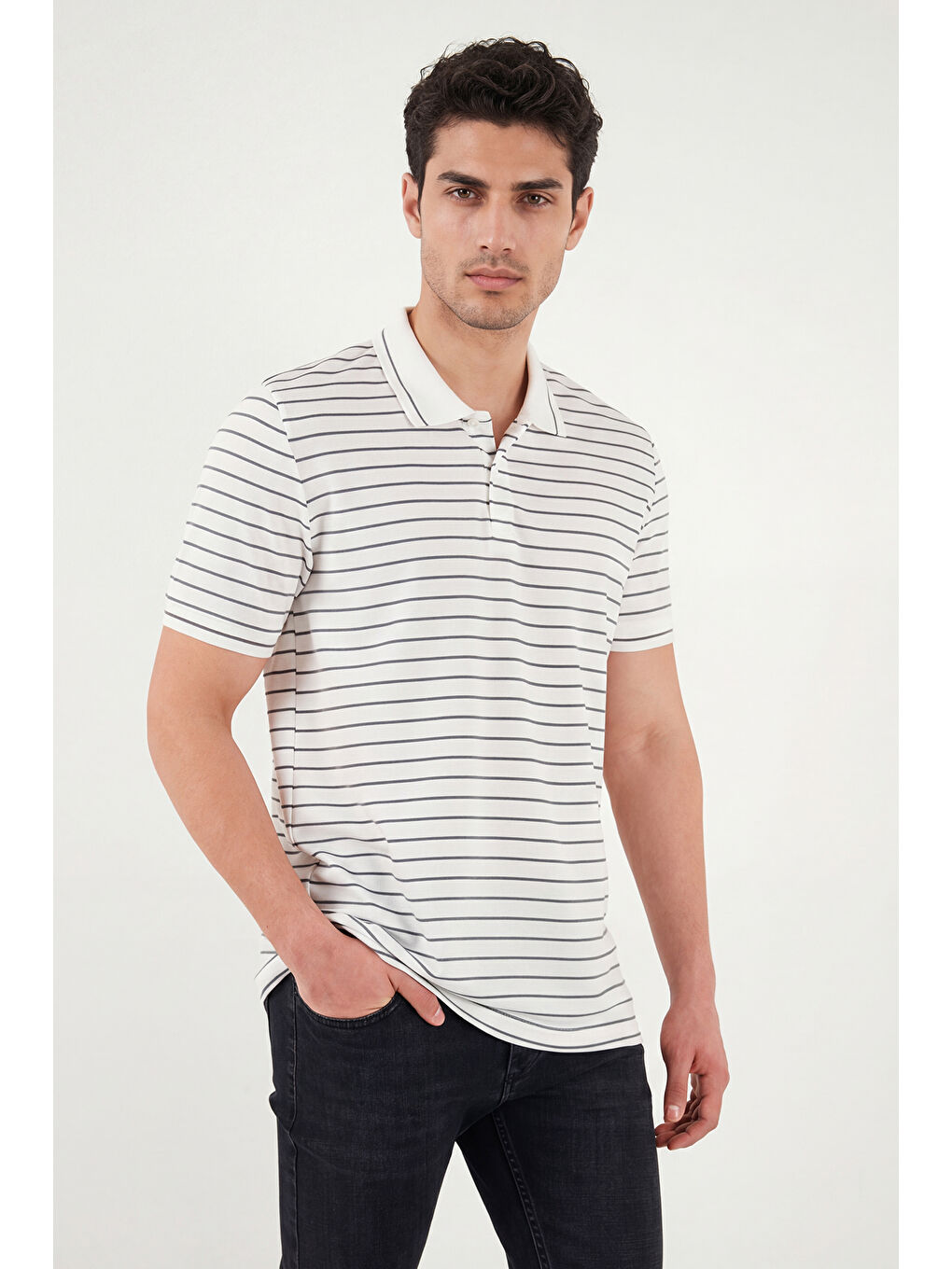 Haki Çizgili Kısa Kollu Düğmeli Polo T Shirt 5904026-4