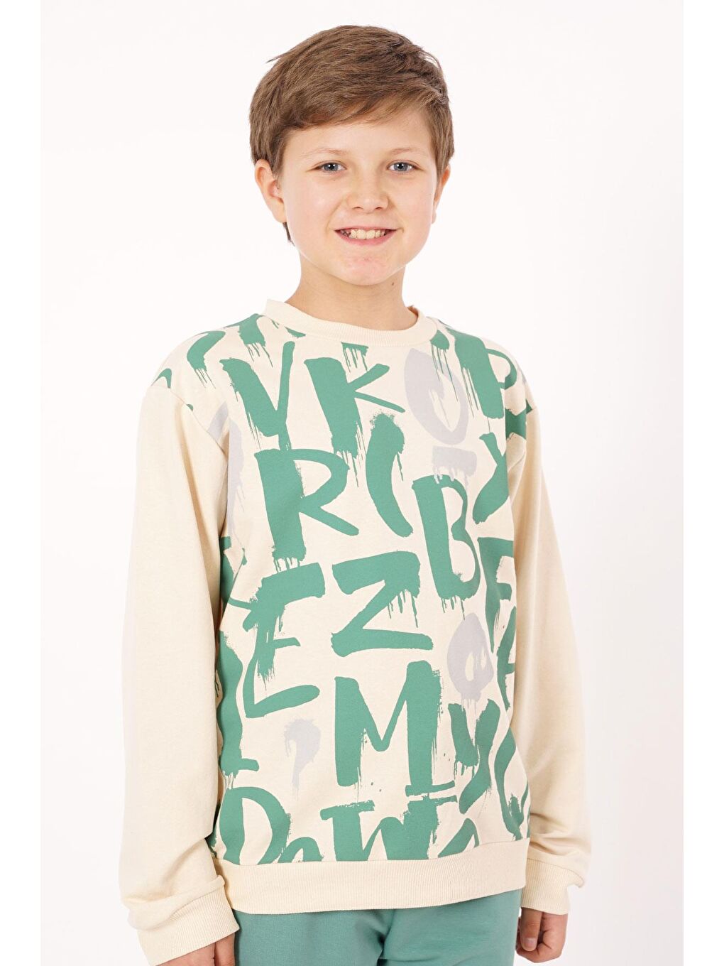 Bisiklet Yaka Harf Baskılı Çağla Yeşili Renk Erkek Çocuk Eşofman Takım-3