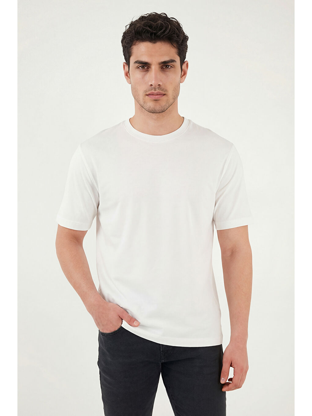 Ekru Pamuklu Bisiklet Yaka Kısa Kollu T Shirt 5904114-1