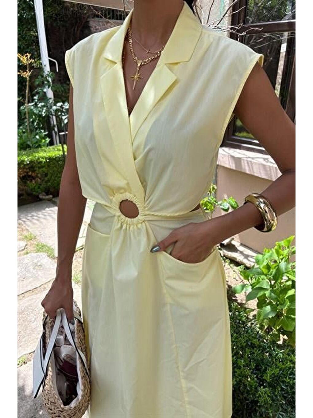 Sarı Göbeği Halka Detaylı Midi Boy Elbise 2896-2