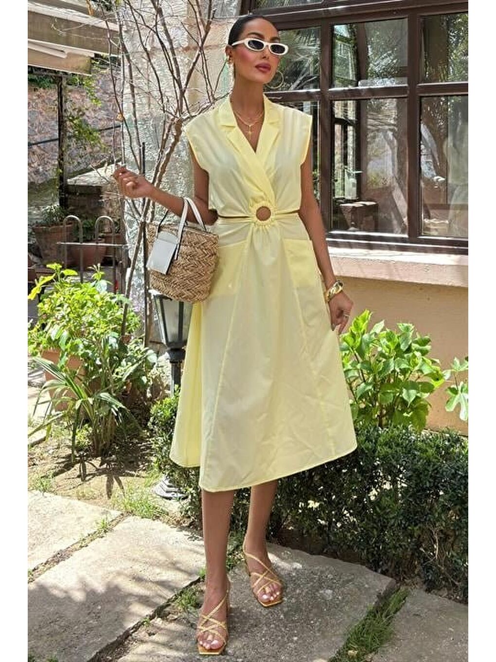 Sarı Göbeği Halka Detaylı Midi Boy Elbise 2896-4