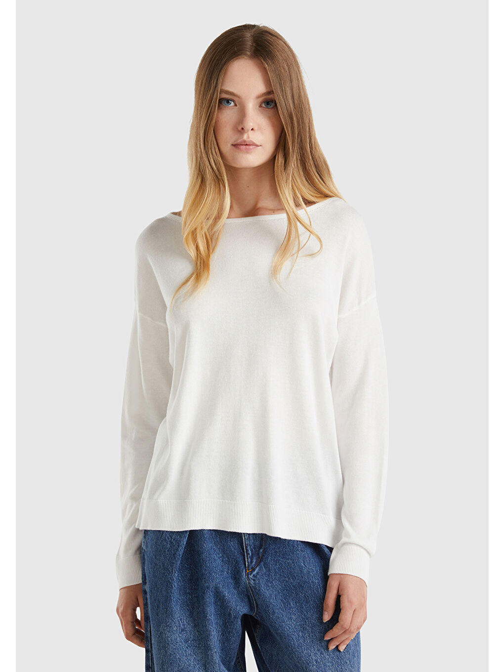 Kadın Beyaz Pamuk ve Modal Karışımlı Ribana Detaylı Kayık Yaka Kazak