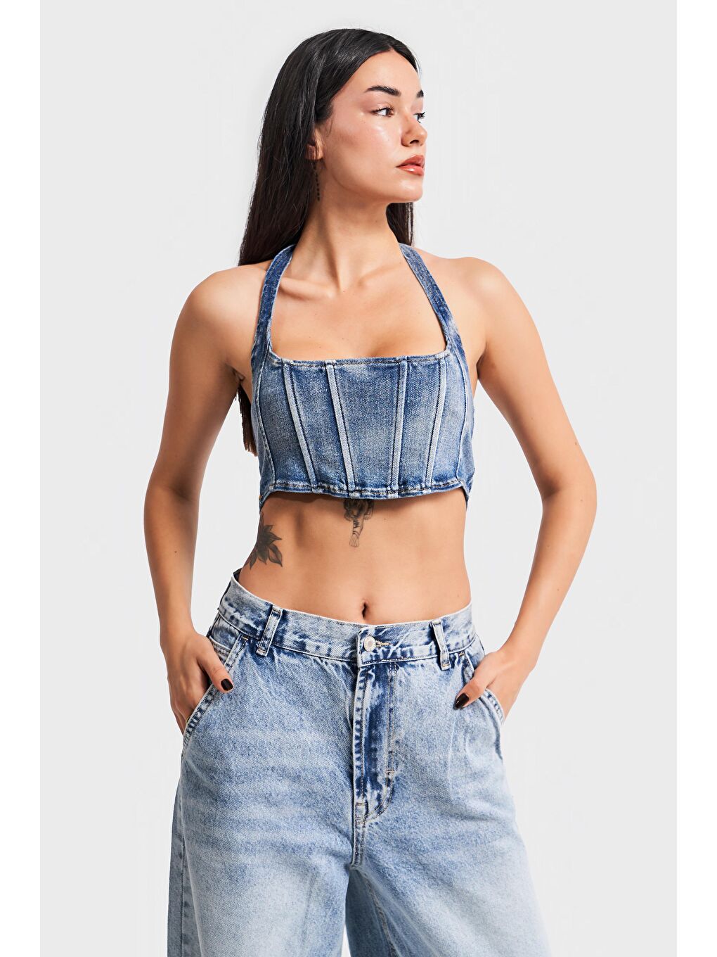 it's basic Mavi Kadın Mavi Renk İki Parça Çoklu Kullanımlı Esnek Kumaş Denim Büstiyer - 1