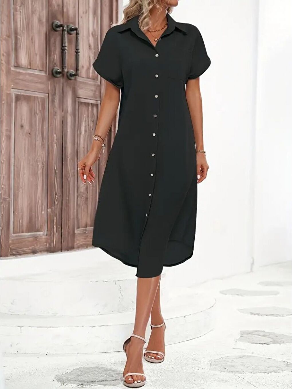 Siyah Kadın Kısa Kollu Yakalı Düğme Detay Midi Dokuma Elbise-4