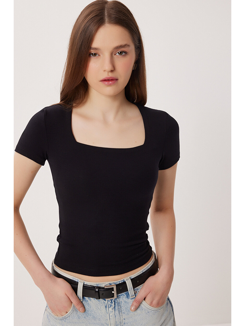 Siyah Kare Yaka Basic Örme T-shirt SİYAH LDZ0060-1