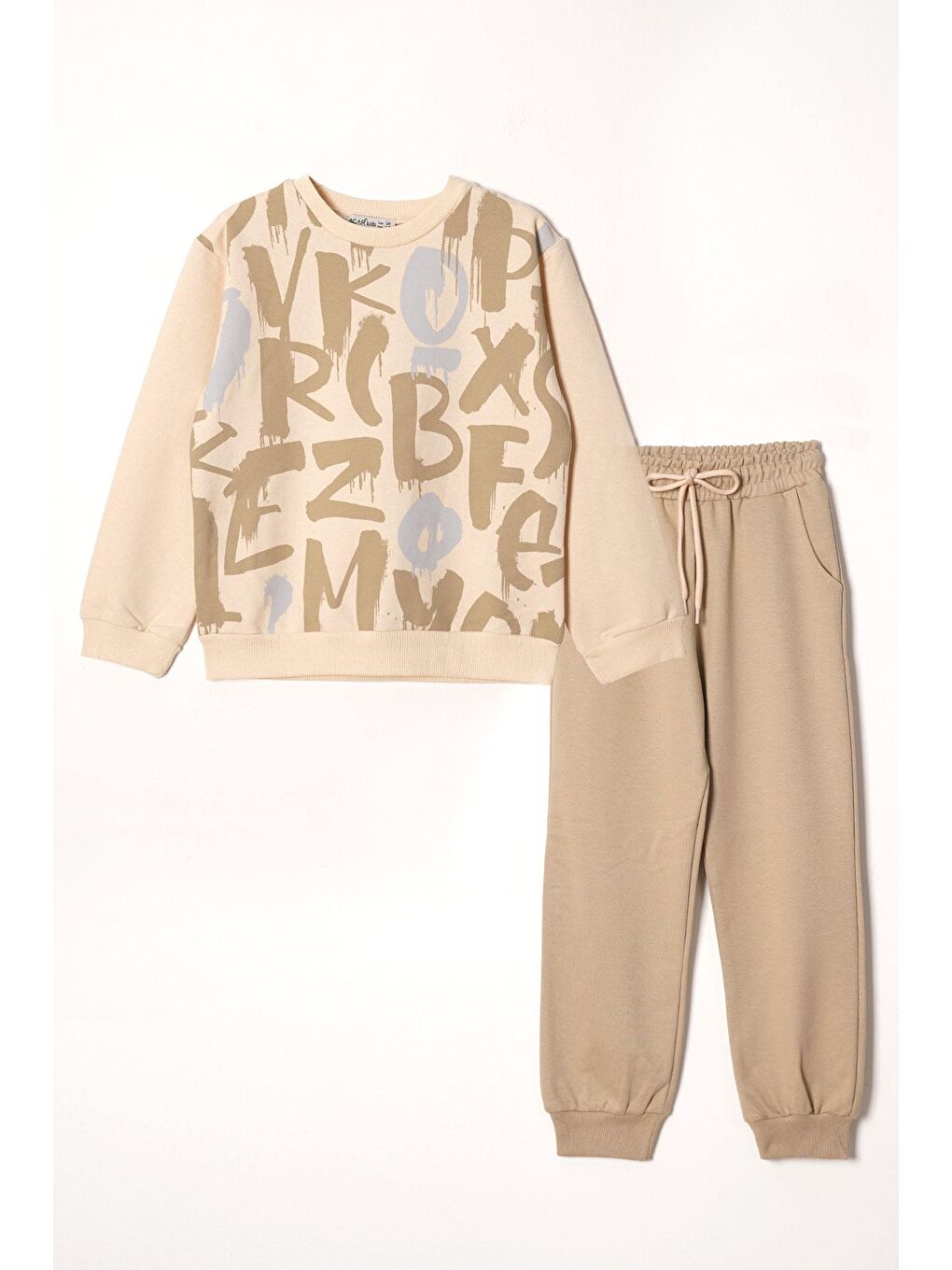 Bisiklet Yaka Harf Baskılı Bej Renk Erkek Çocuk Eşofman Takım