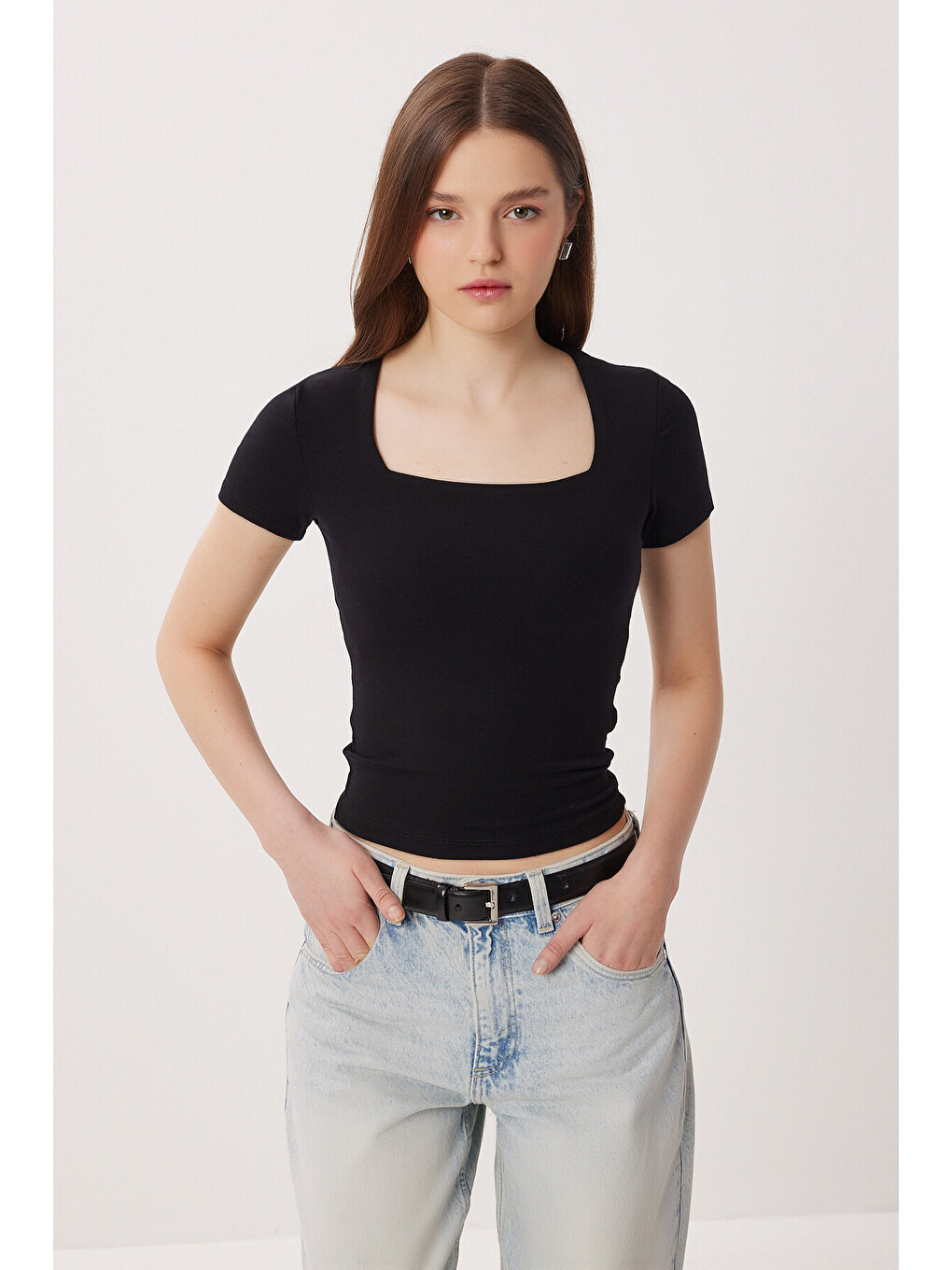 Siyah Kare Yaka Basic Örme T-shirt SİYAH LDZ0060-2