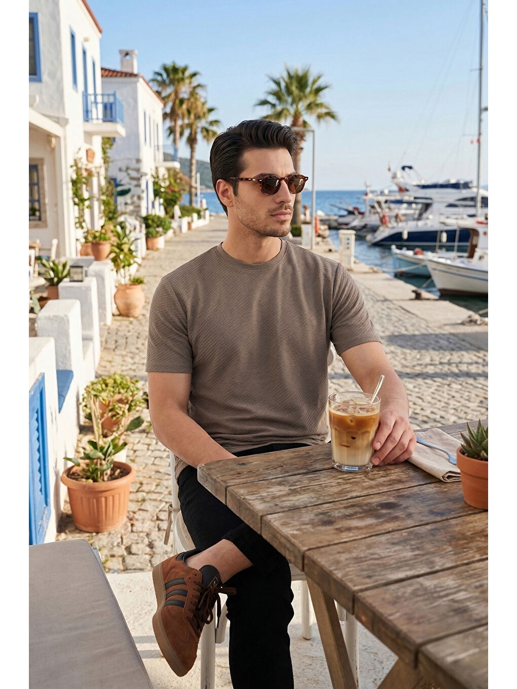 Kahverengi Pamuklu Bisiklet Yaka Kısa Kollu T Shirt 5904115