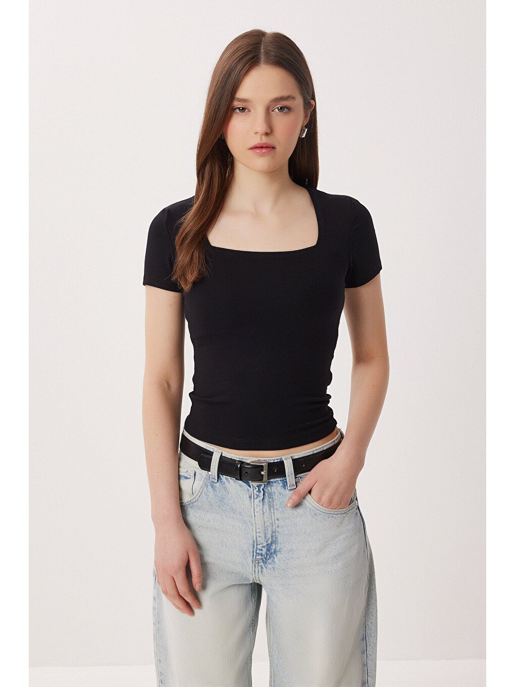 Siyah Kare Yaka Basic Örme T-shirt SİYAH LDZ0060-3