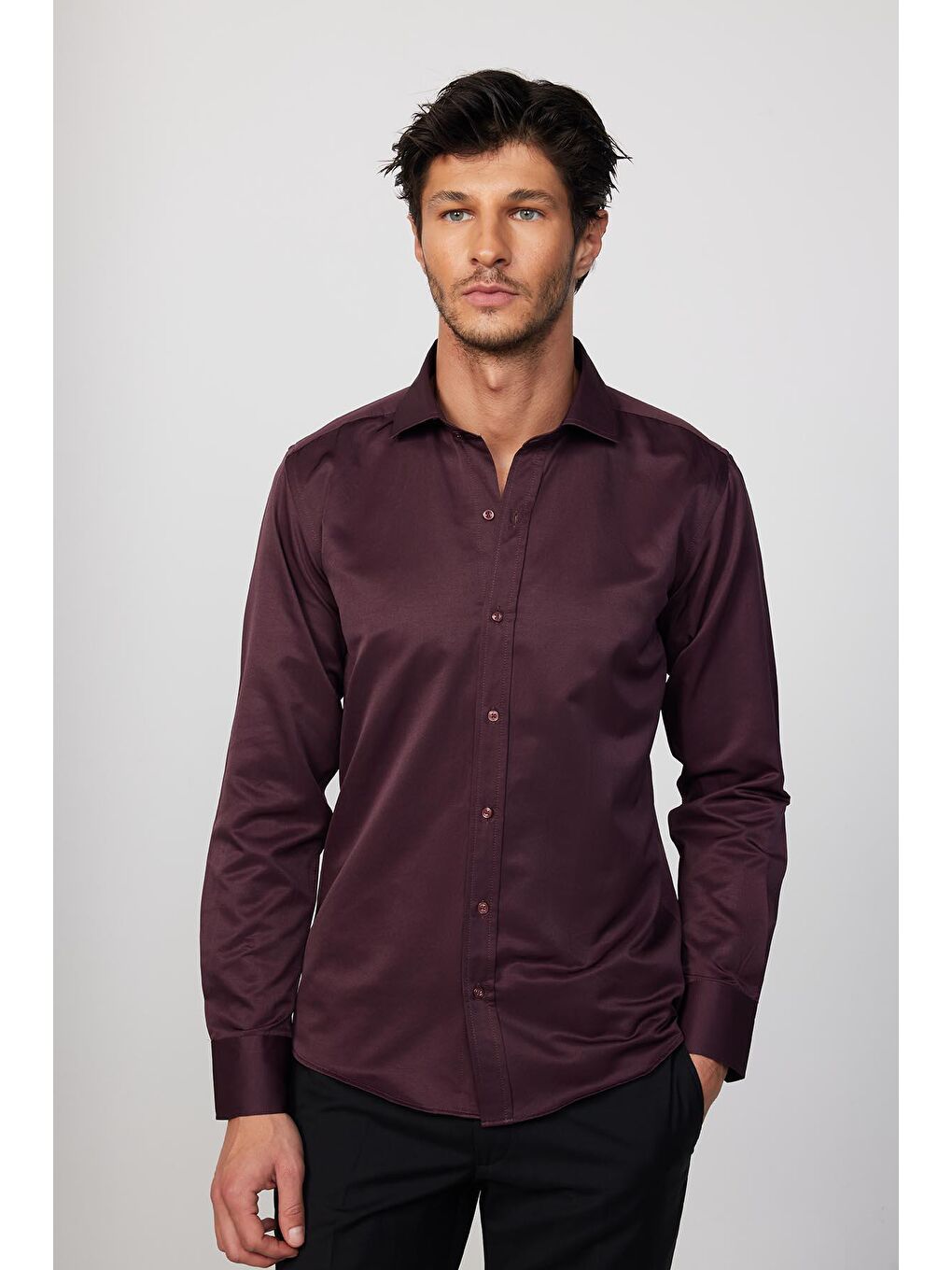 Modern Slim Fit Uzun Kollu Düz Saten Pamuklu Bordo Erkek Gömlek