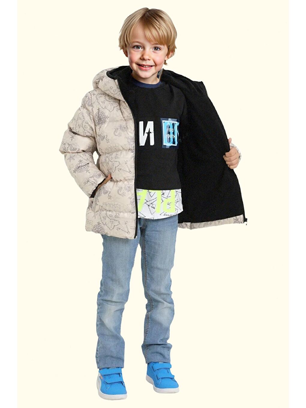 Bej Erkek Çocuk Geometrik Desen Polar Su Ve Rüzgar Geçirmez Kapüşonlu Şişme Kışlık Mont