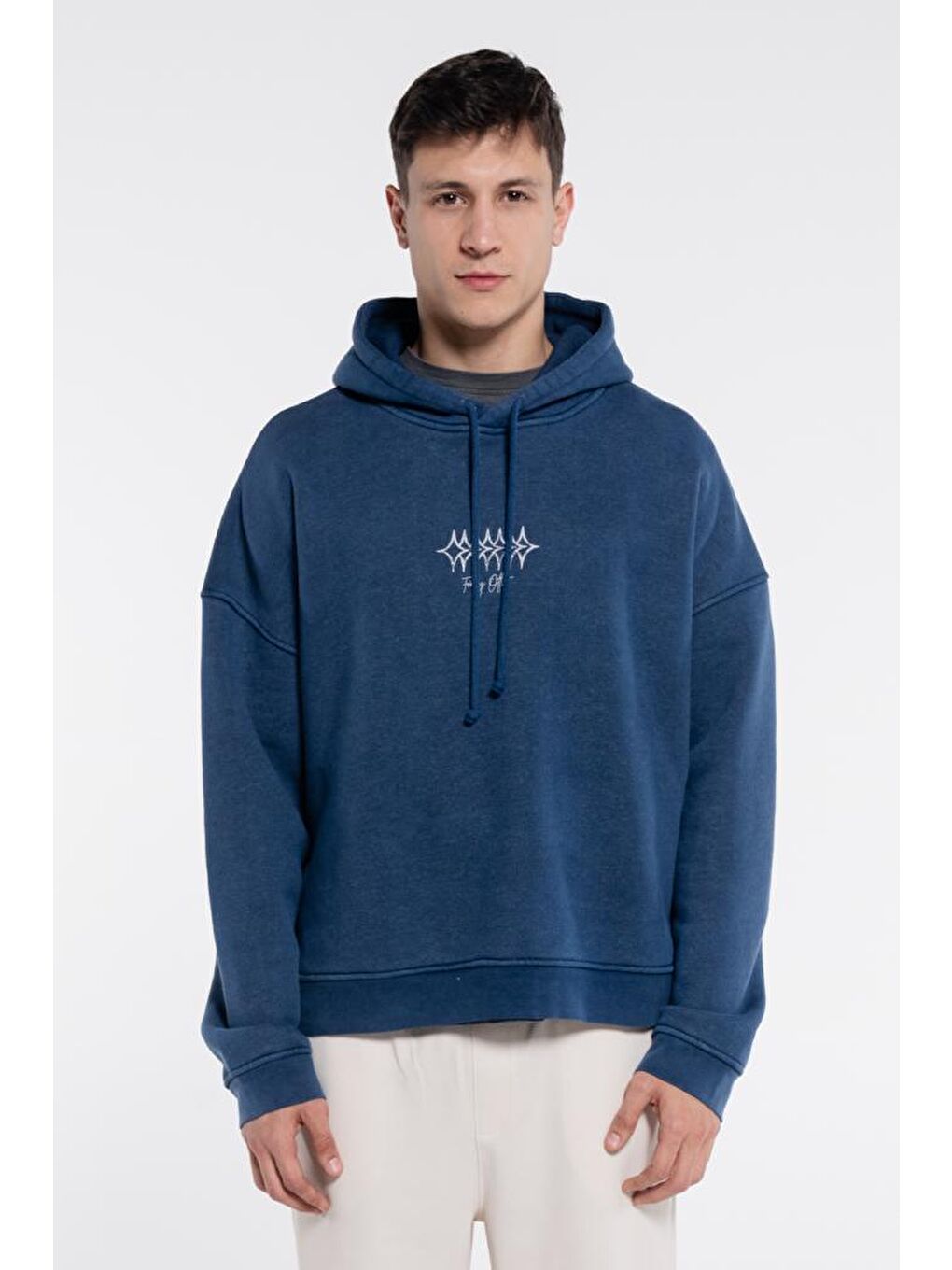 Friday Offset Mavi Velo Erkek Mavi Kapüşonlu Ekstra Oversize Sweatshirt Hoodie - Yıkama Efektli 3 İplik Kumaş