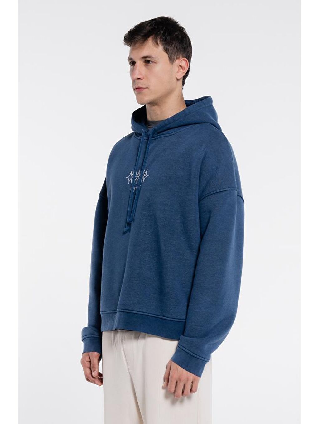 Friday Offset Mavi Velo Erkek Mavi Kapüşonlu Ekstra Oversize Sweatshirt Hoodie - Yıkama Efektli 3 İplik Kumaş - 1