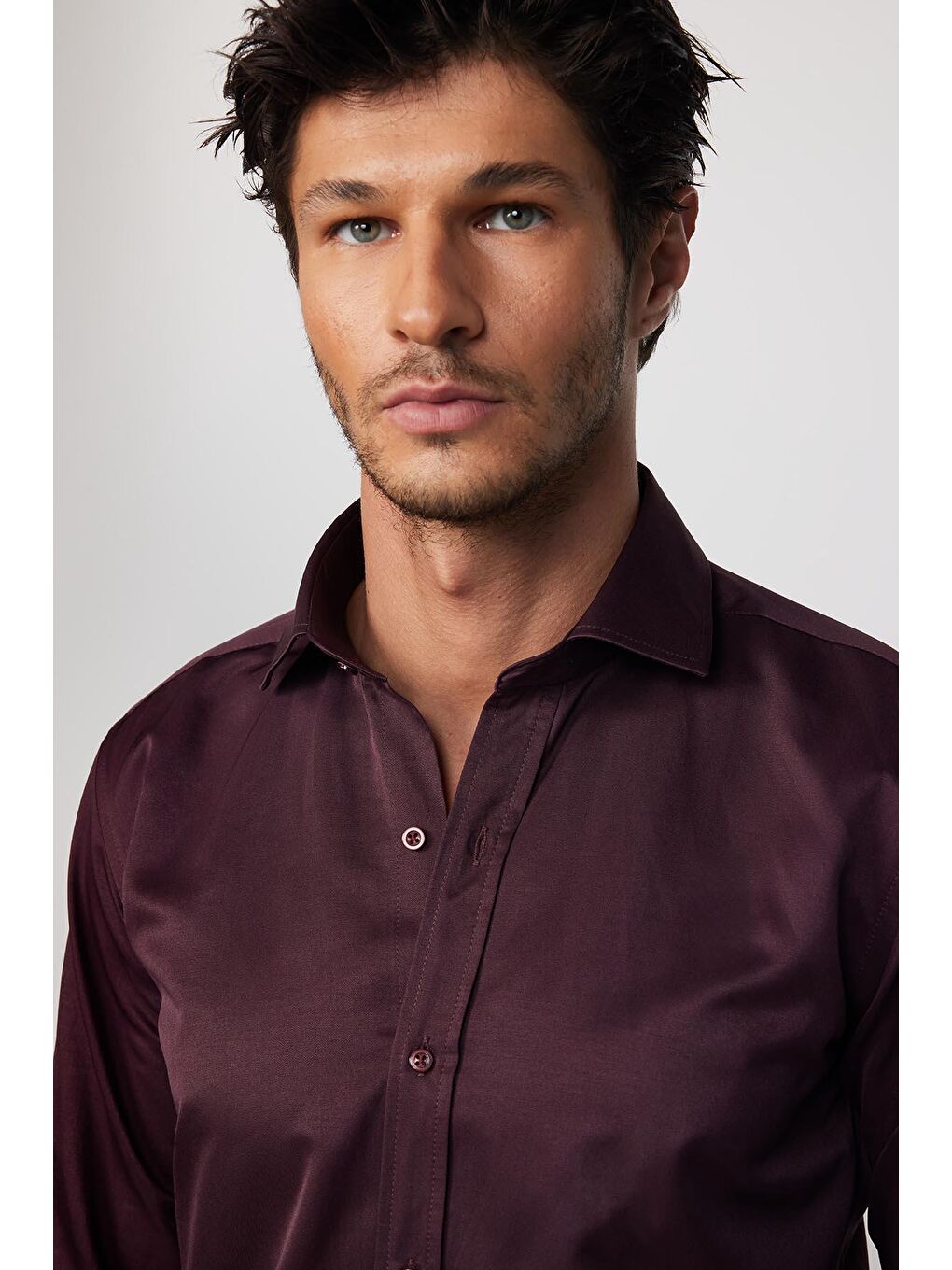 Modern Slim Fit Uzun Kollu Düz Saten Pamuklu Bordo Erkek Gömlek-1