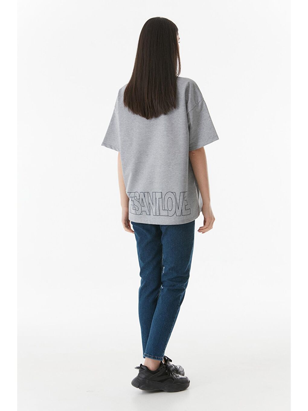 Gri Arkası Baskılı Bisiklet Yaka Oversize Tişört-1