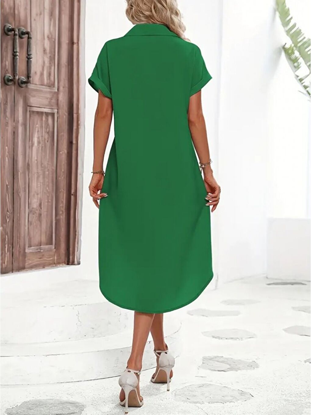 Yeşil Kadın Kısa Kollu Yakalı Düğme Detay Midi Dokuma Elbise-1