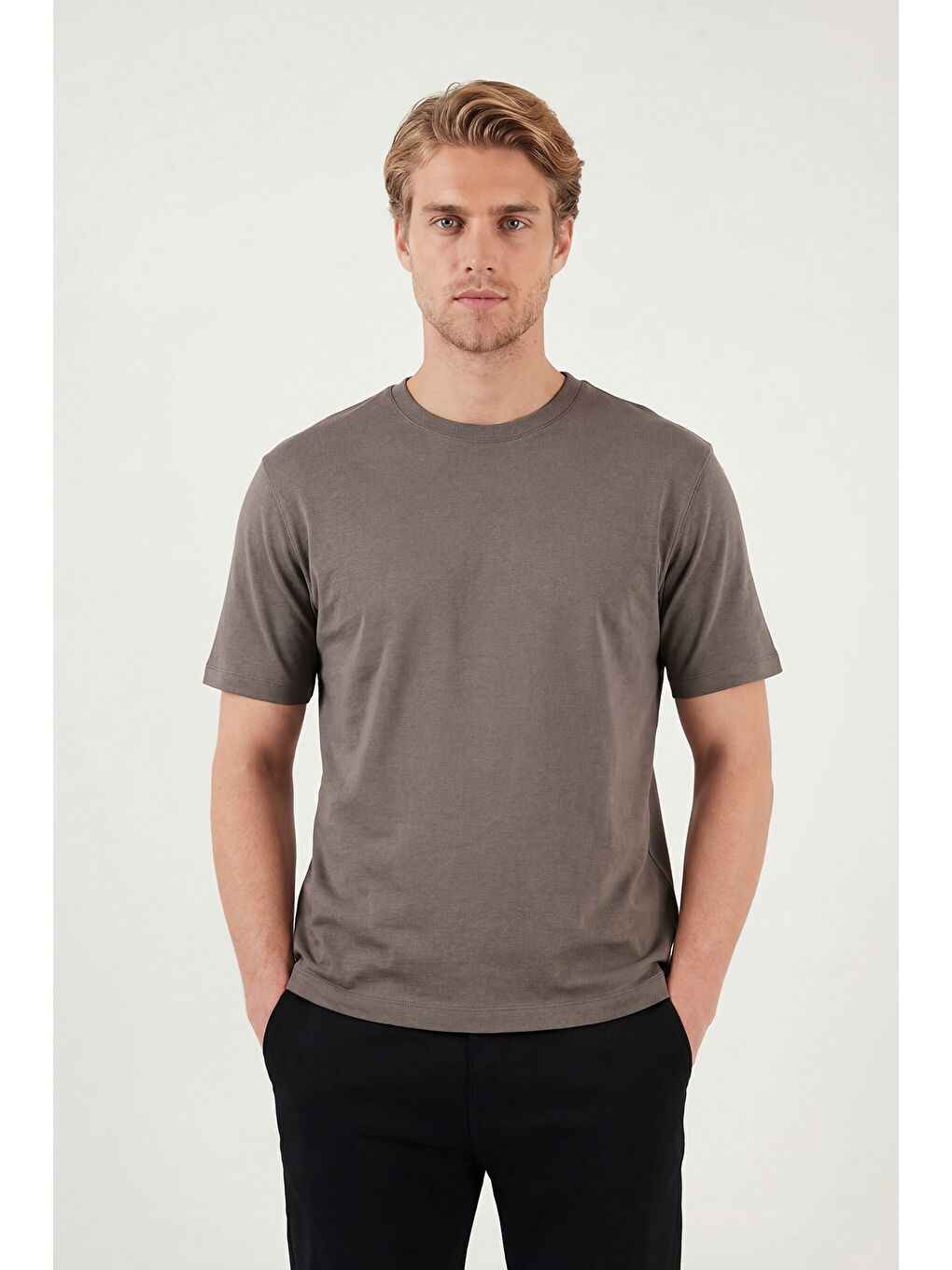 Kahverengi Pamuklu Bisiklet Yaka Kısa Kollu T Shirt 5904114-1