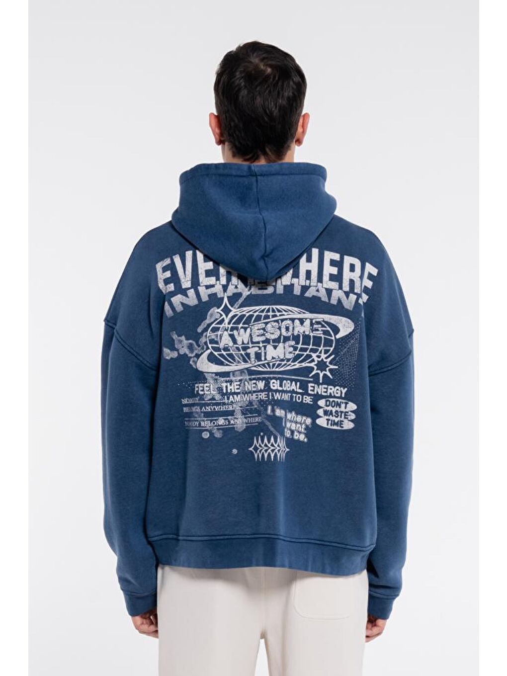 Friday Offset Mavi Velo Erkek Mavi Kapüşonlu Ekstra Oversize Sweatshirt Hoodie - Yıkama Efektli 3 İplik Kumaş - 2