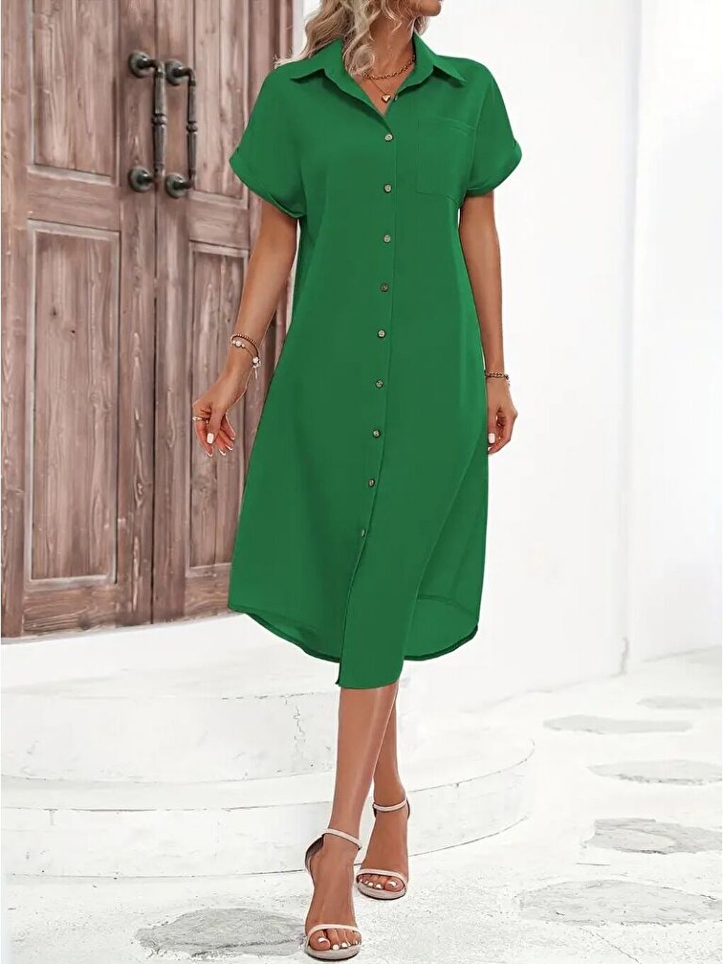 Yeşil Kadın Kısa Kollu Yakalı Düğme Detay Midi Dokuma Elbise-4