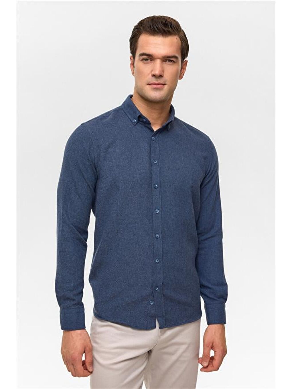 Lacivert Slim Düz Düğmeli Yaka Gömlek