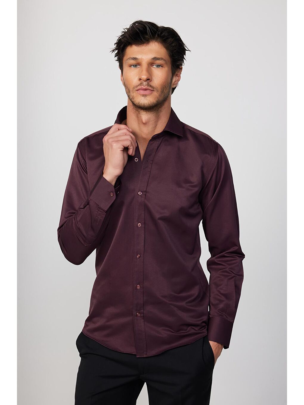 Modern Slim Fit Uzun Kollu Düz Saten Pamuklu Bordo Erkek Gömlek-2