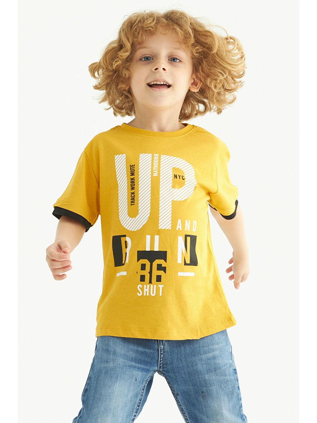 Sarı Bisiklet Yaka Kısa Kol Up Yazı Baskılı Hardal Renk Erkek Çocuk Tshirt