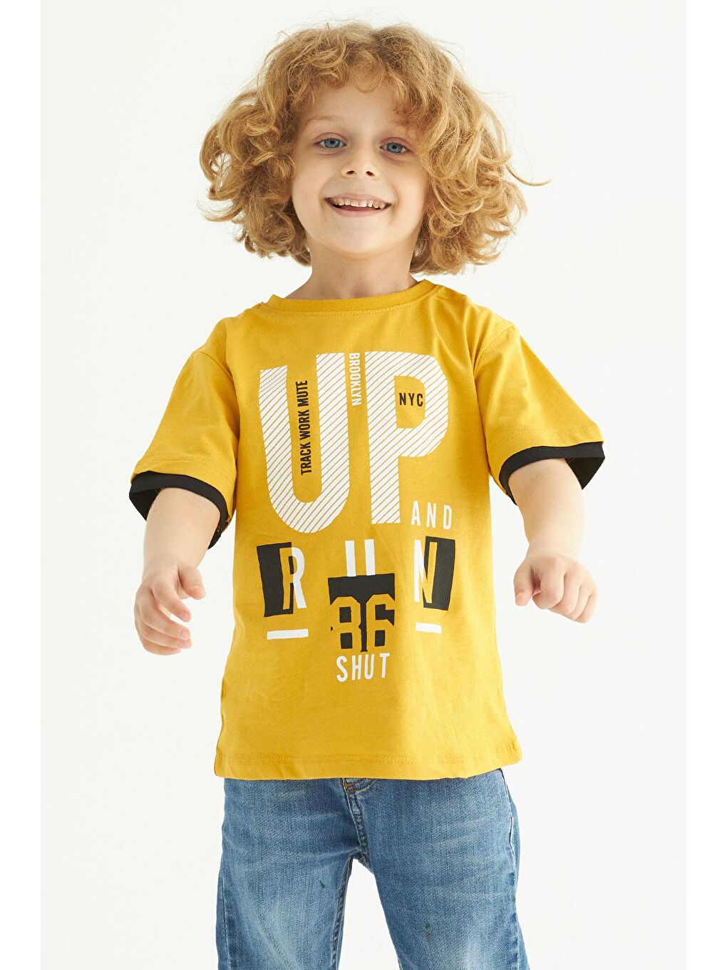 Sarı Bisiklet Yaka Kısa Kol Up Yazı Baskılı Hardal Renk Erkek Çocuk Tshirt-1