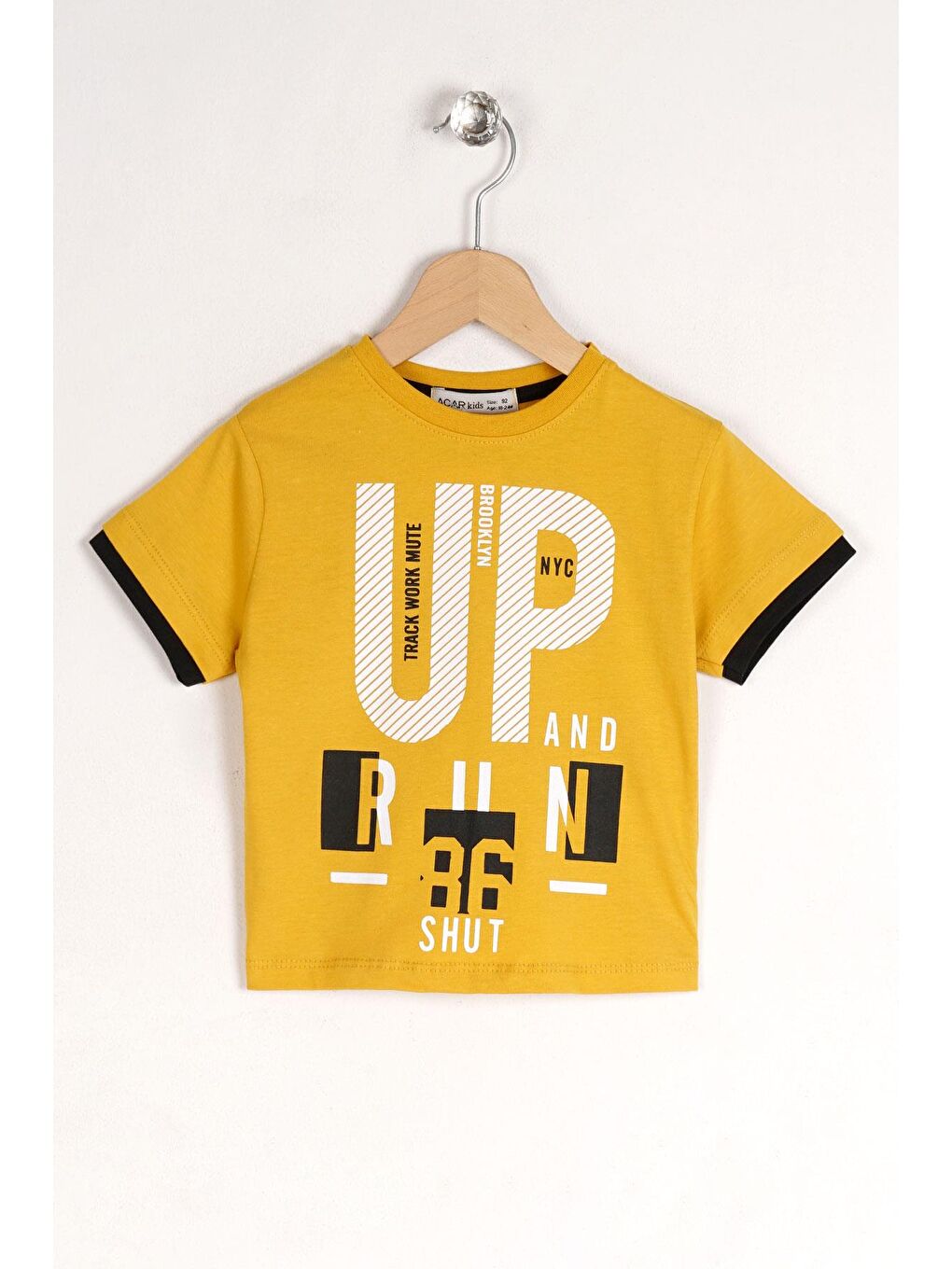 Sarı Bisiklet Yaka Kısa Kol Up Yazı Baskılı Hardal Renk Erkek Çocuk Tshirt-2