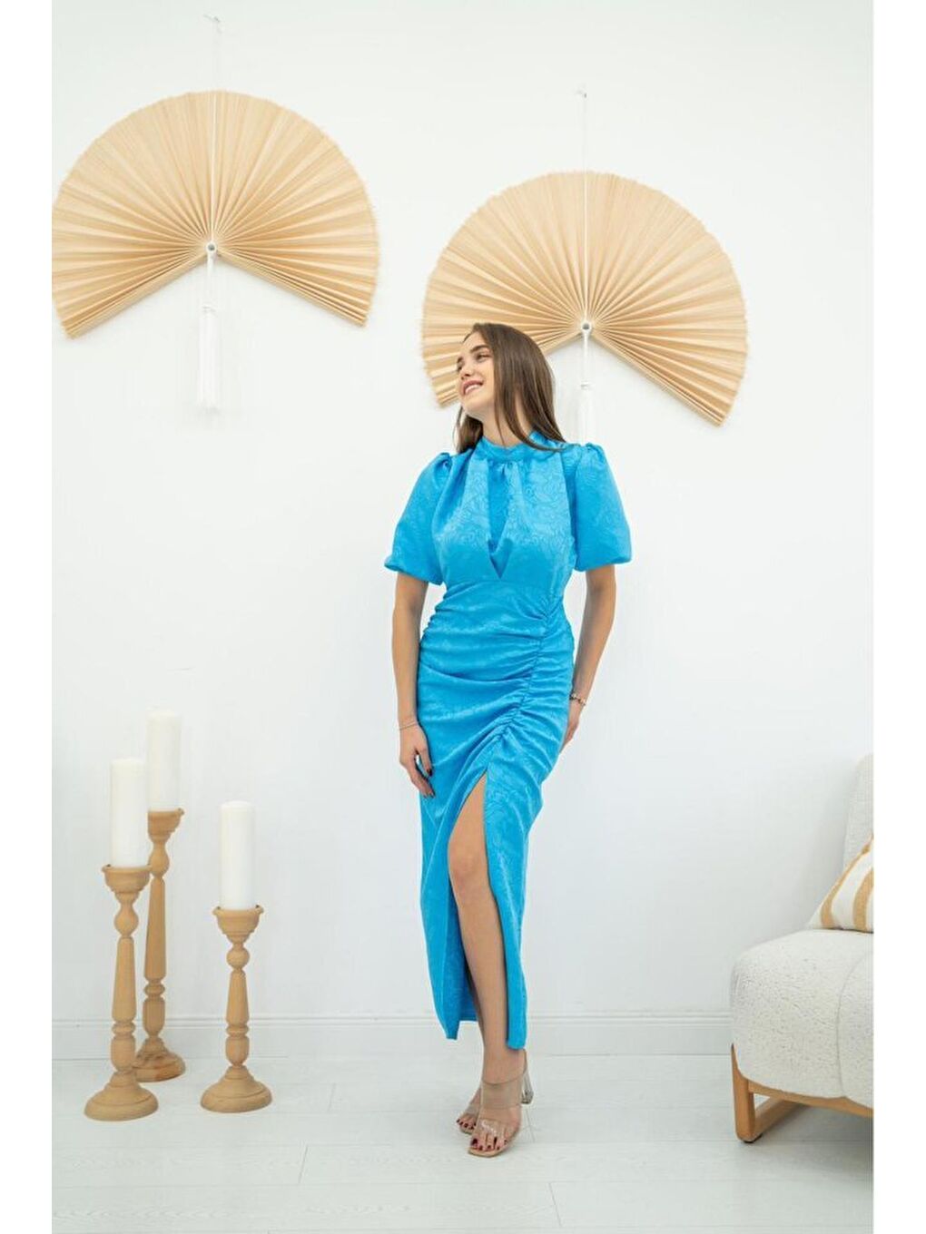 Mavi Jakarlı Ve Desenli Elbise