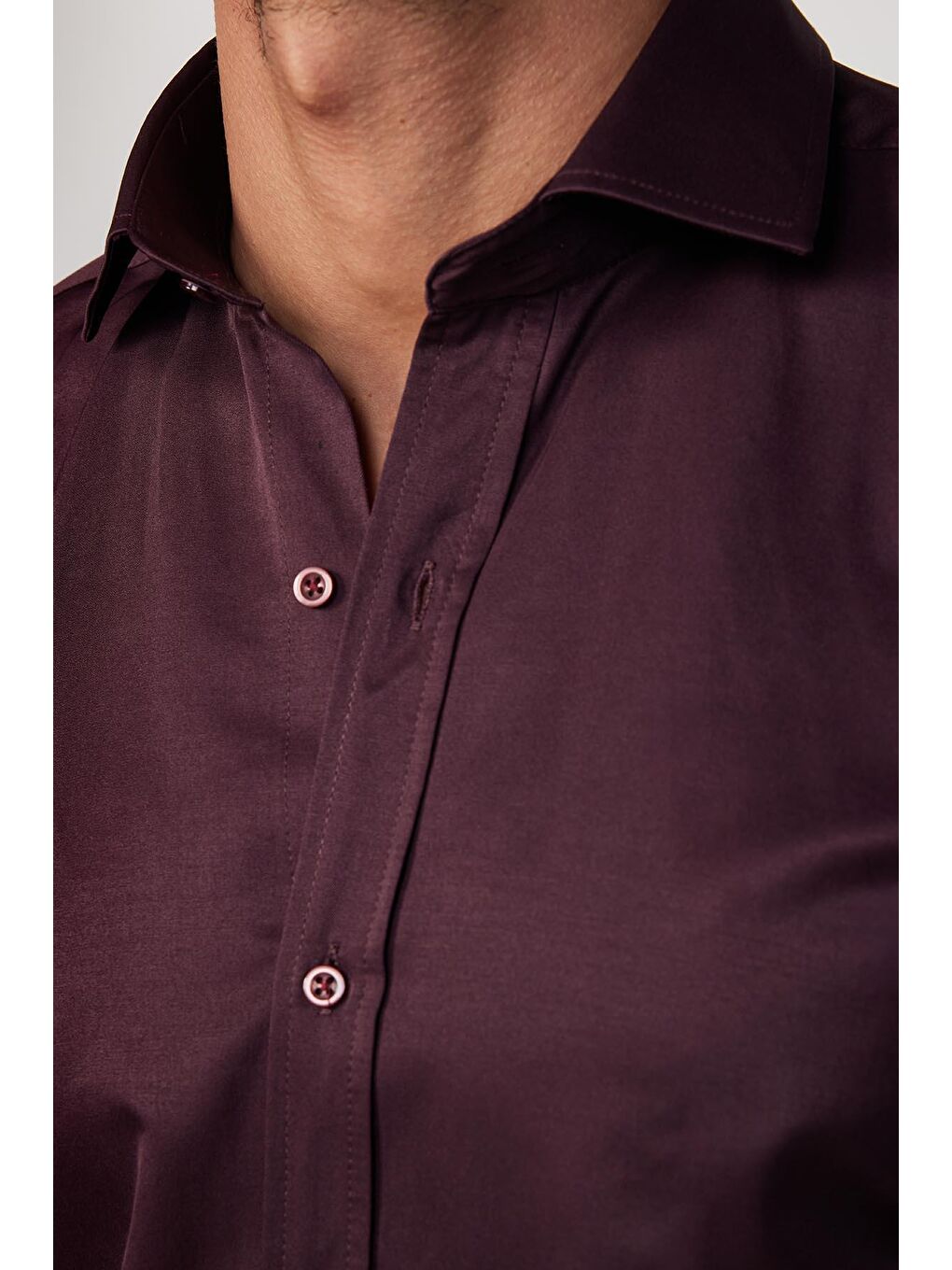Modern Slim Fit Uzun Kollu Düz Saten Pamuklu Bordo Erkek Gömlek-3